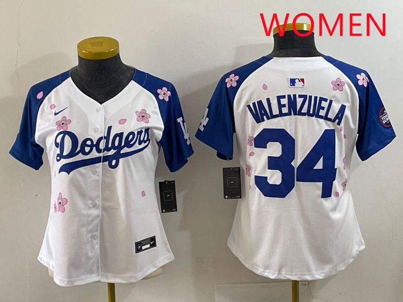 Women Los Angeles Dodgers #34 Valenzuela White Blue Sakura Edition 2025 Nike MLB Jersey style 31->women mlb jersey->Women Jersey